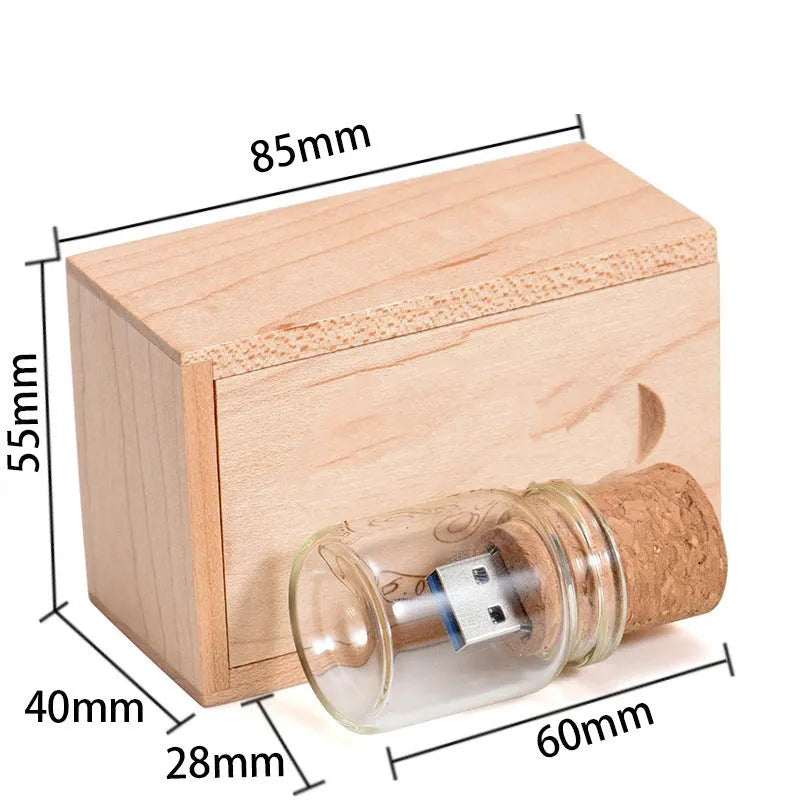 Personalised chocolate brown wooden drift bottle design USB flash drive with custom graphic lettering.