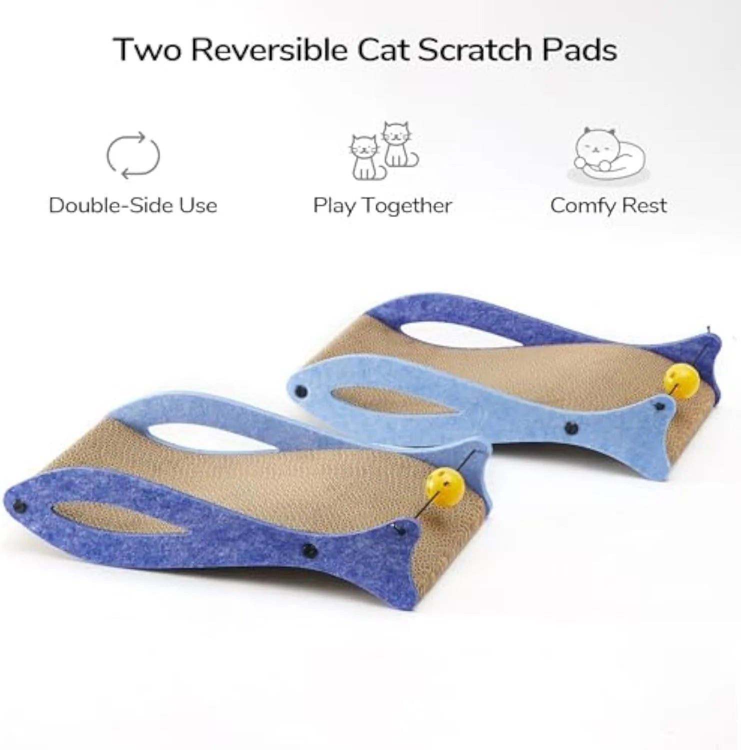 Blue fish-shaped cardboard cat scratcher with a bell toy on a string, shown on a flat surface.