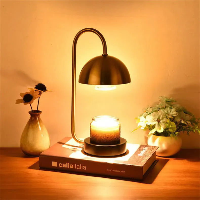 Solid wood aromatherapy wax melting bedside lamp with dimming knob on black metal base