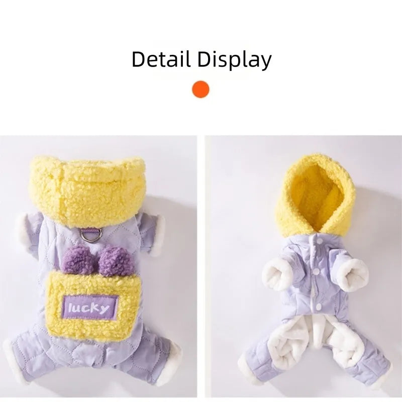 Thick warm four-legged pet coat with bear ears, patch pocket and D-ring for small dogs and cats