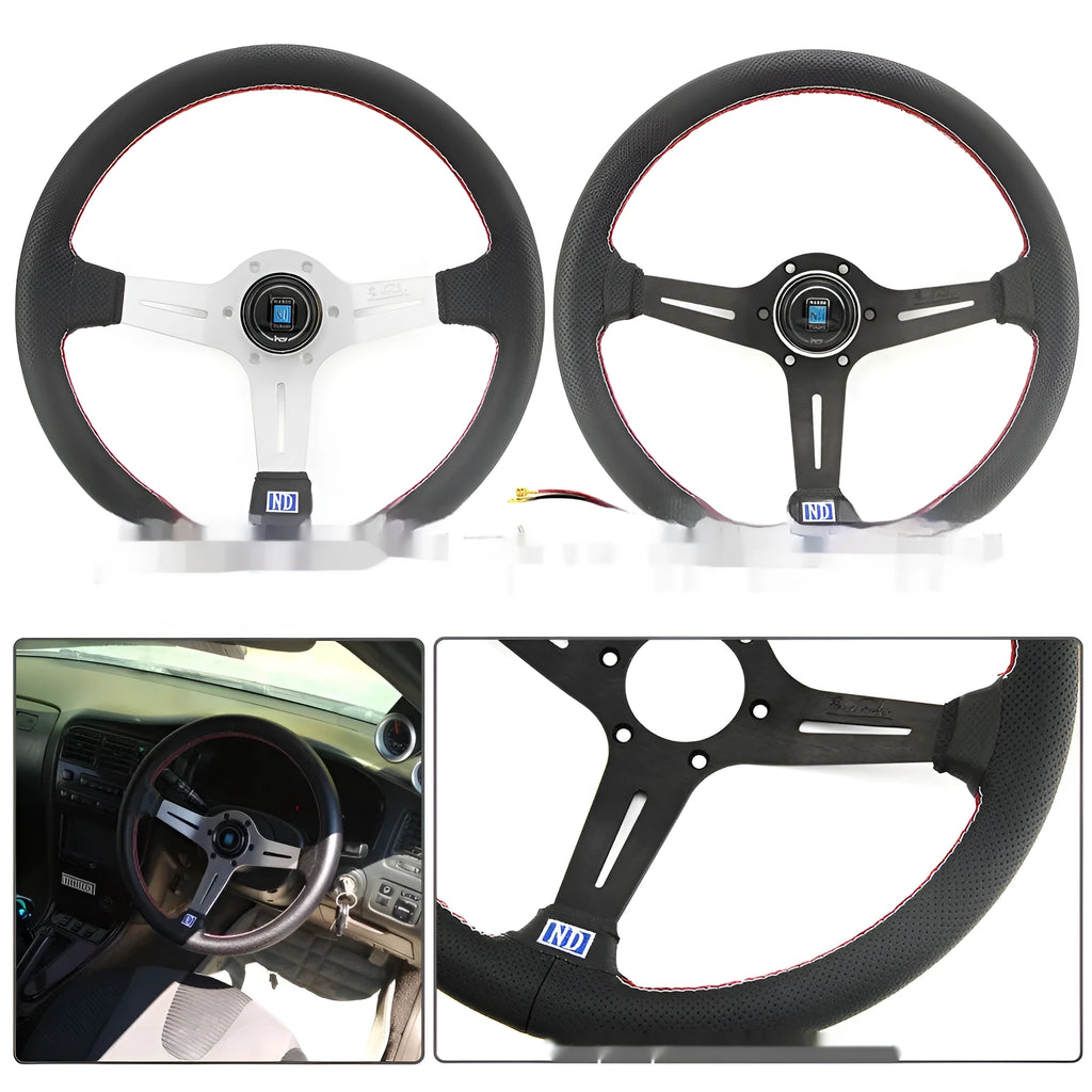 14-inch leather steering wheel with middle concave design showing black skeleton structure