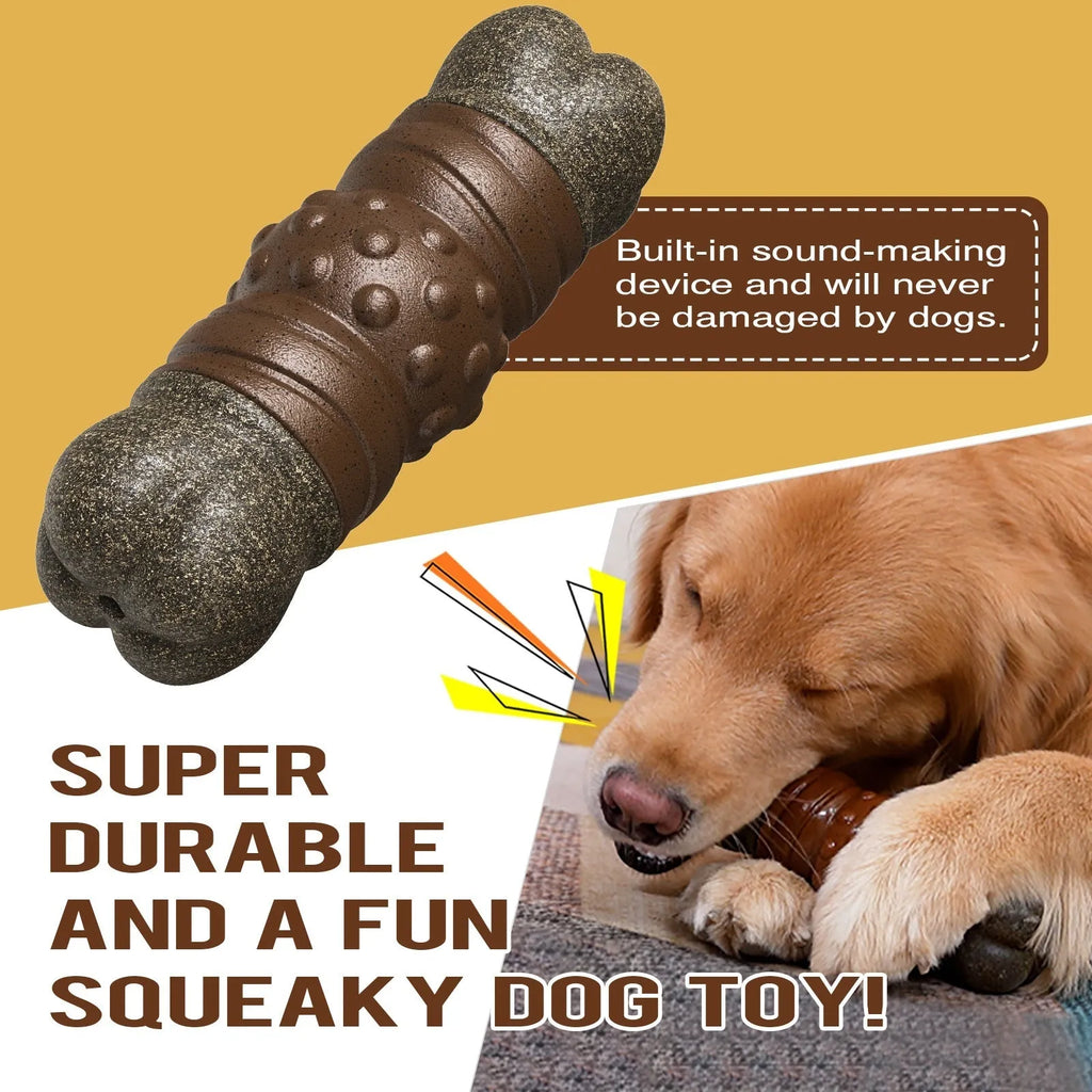 Wood coloured plastic sounding bone dog toy with integrated molar cleaning rod for dental hygiene