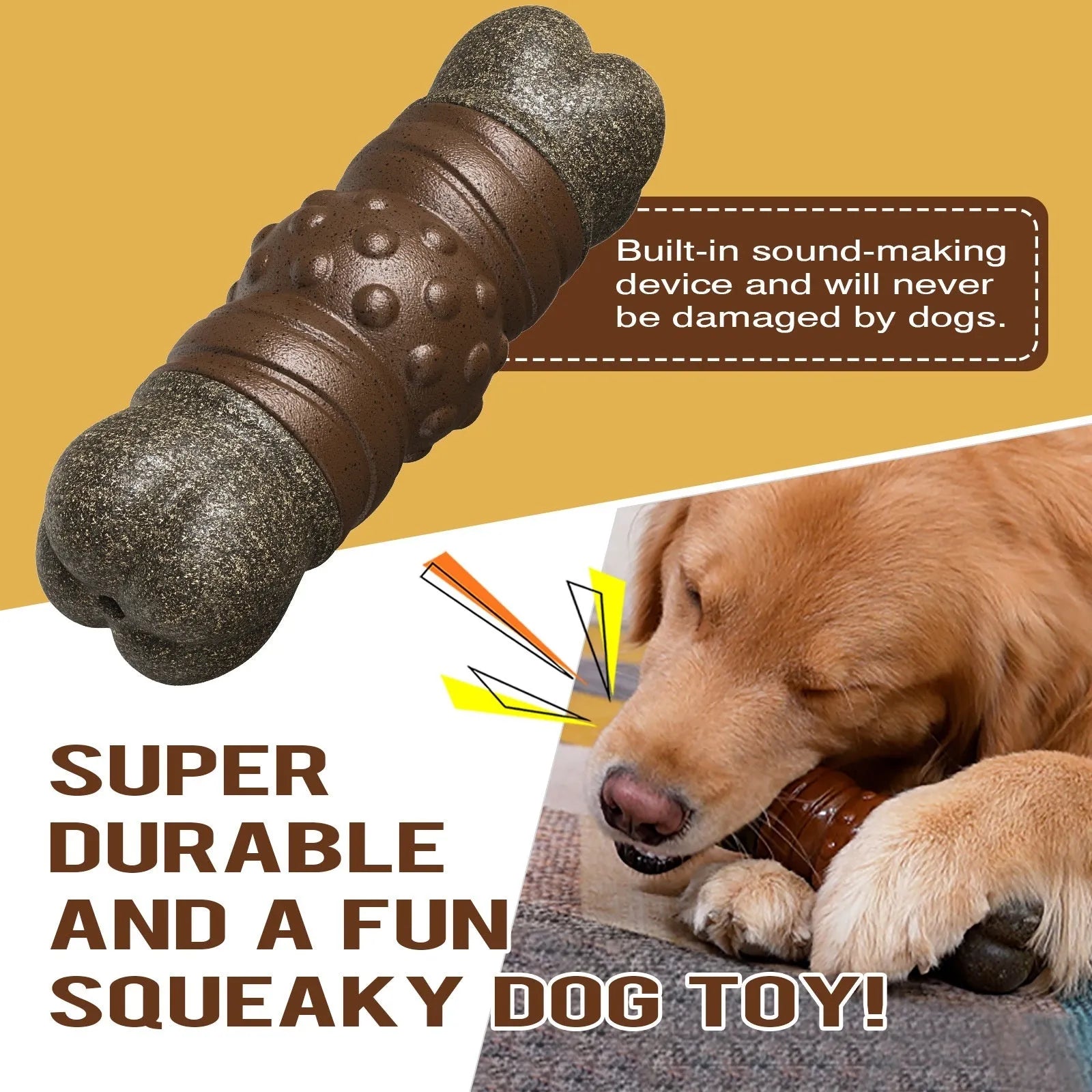 Wood coloured plastic sounding bone dog toy with integrated molar cleaning rod for dental hygiene