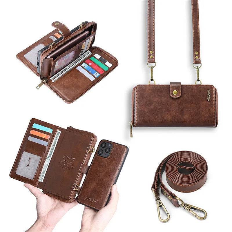 Wallet style phone case with detachable backpack and leather flip cover for Samsung Galaxy and iPhone devices