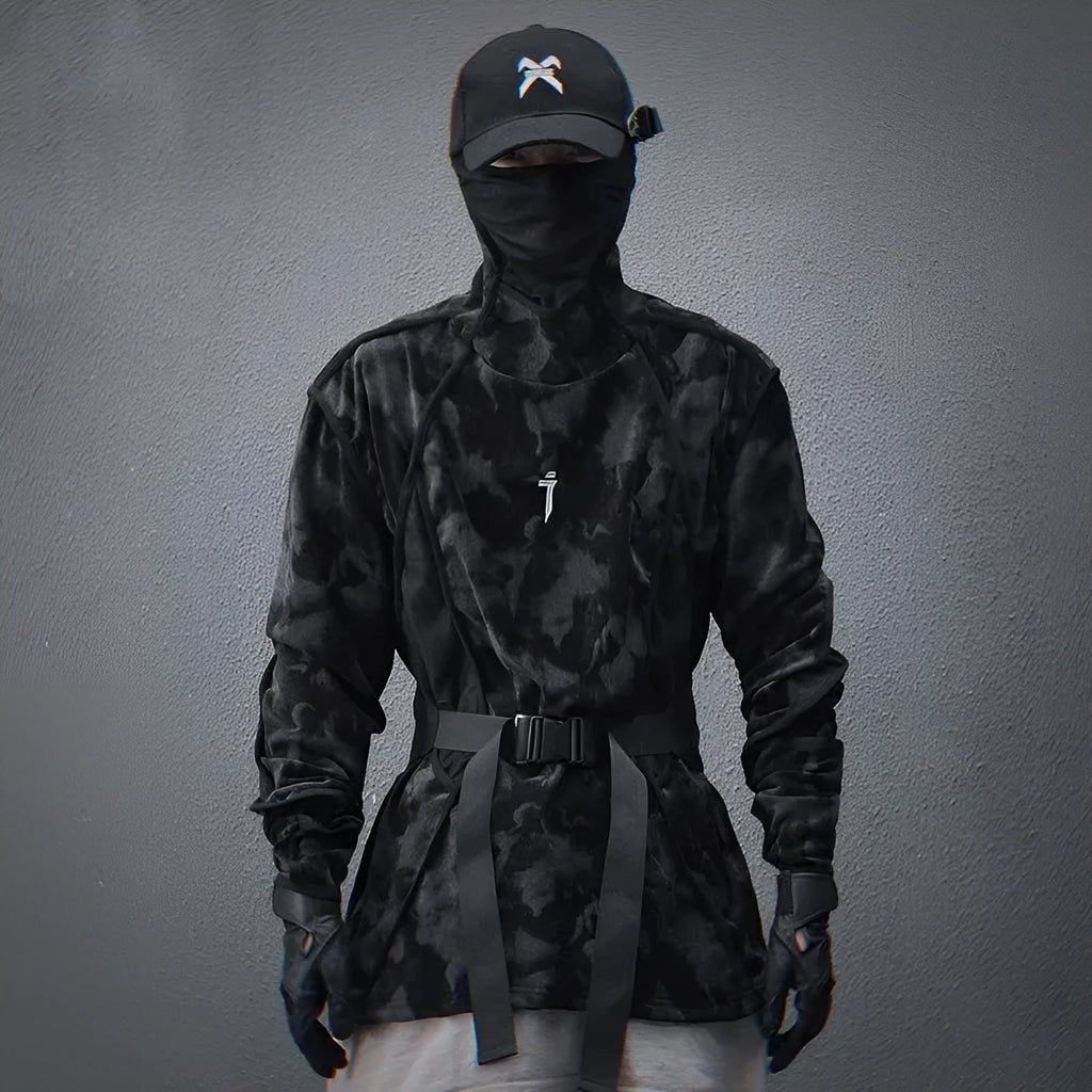 Men's black and grey tie-dye printed turtleneck sweater with drop-shoulder sleeves and loose casual fit