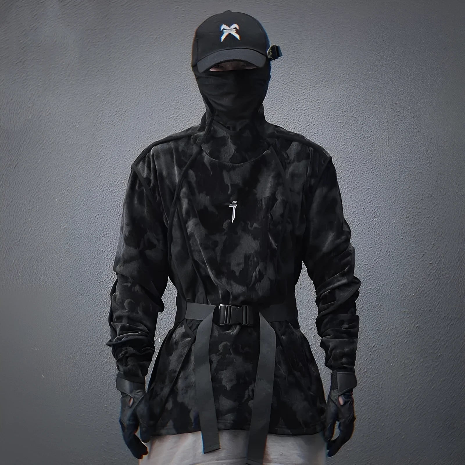 Men's black and grey tie-dye printed turtleneck sweater with drop-shoulder sleeves and loose casual fit