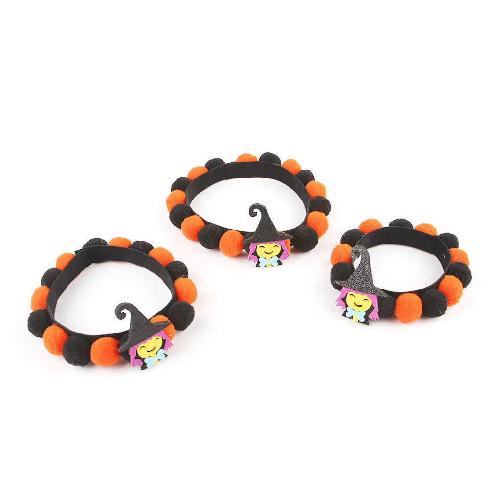 Halloween pet fur ball collar in pumpkin design with adjustable sizing for dogs and cats
