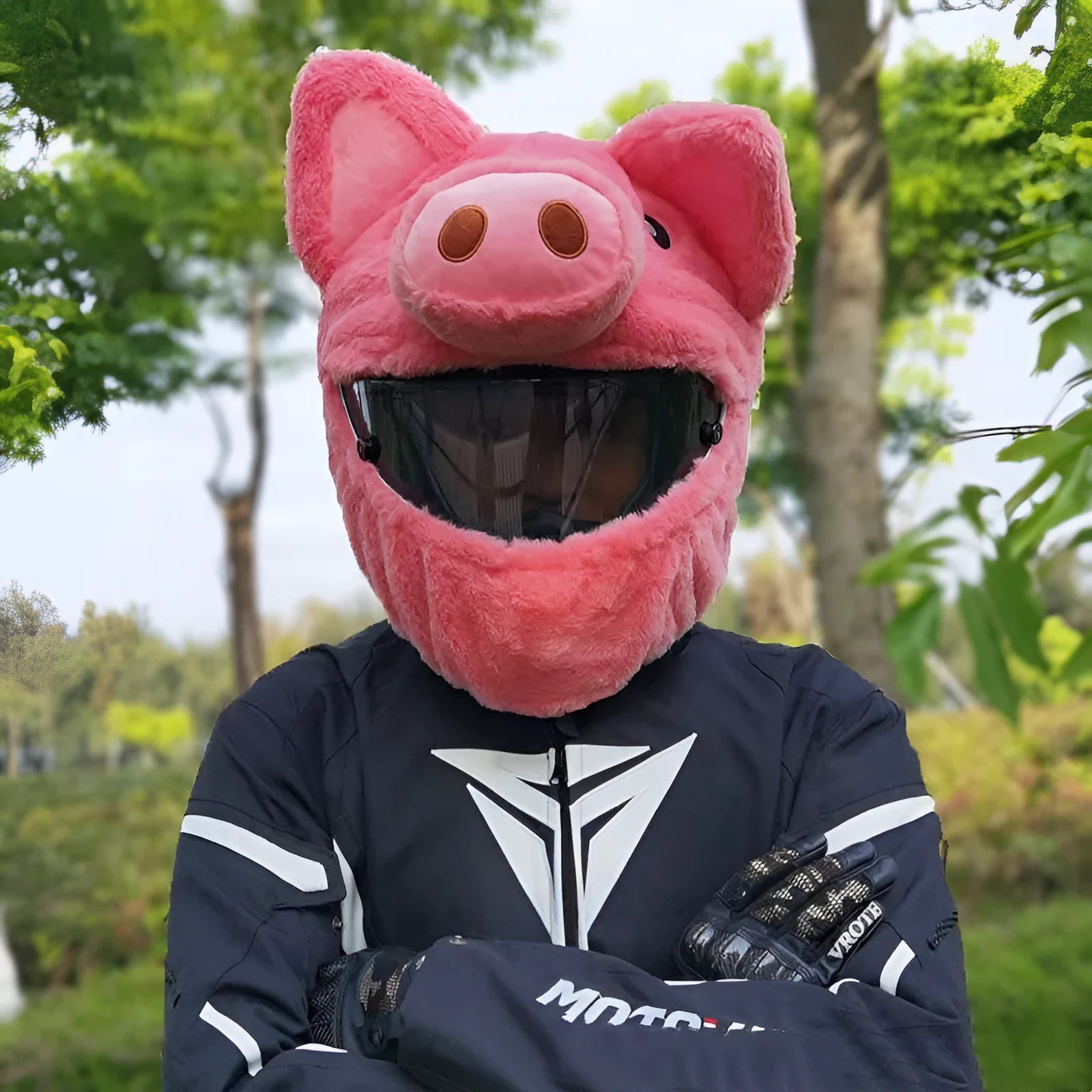 Plush motorcycle helmet protective hood in pink pig cartoon design