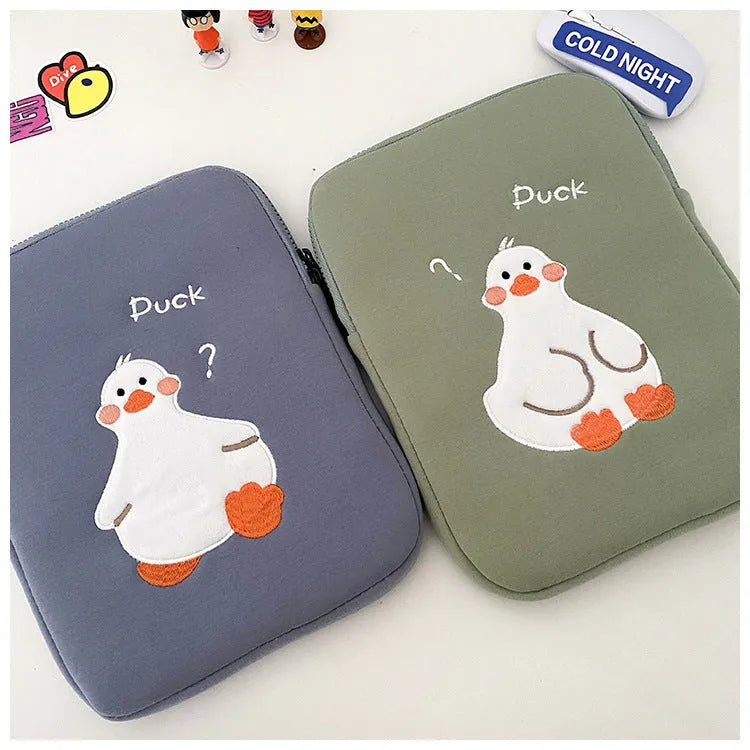 Blue cotton tablet case with duck embroidery design and zipper closure for 11-16 inch tablets