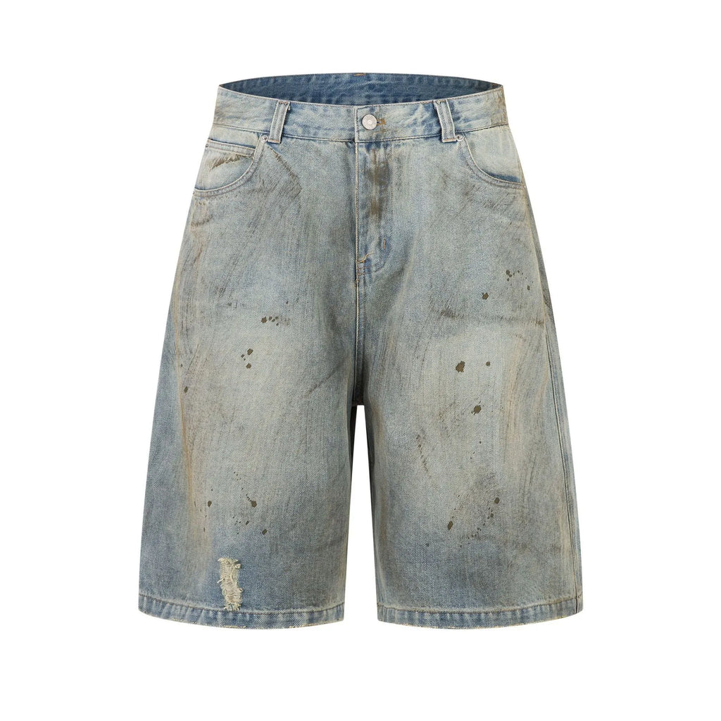 Blue washed denim cropped trousers with straight leg and zip fly, street fashion style