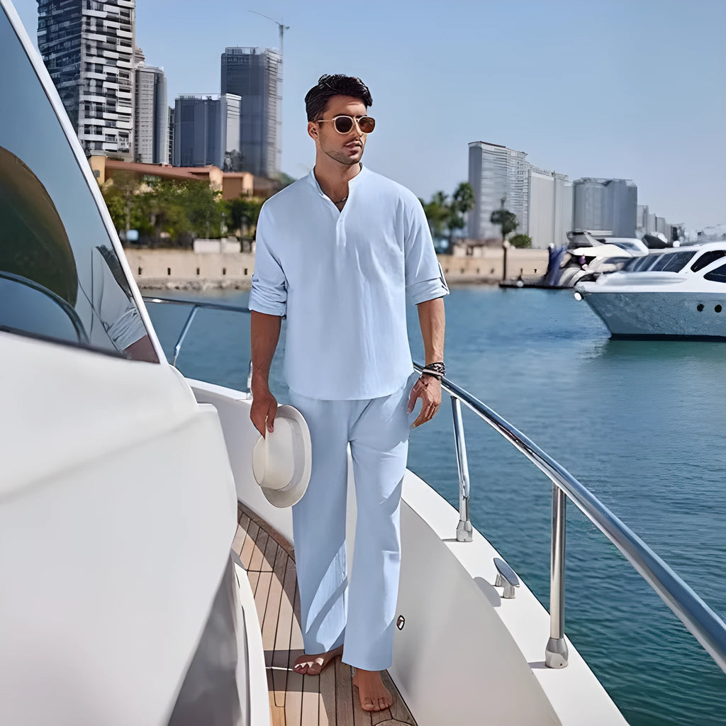 Men's cotton casual suit with long sleeve top and trousers in solid colours