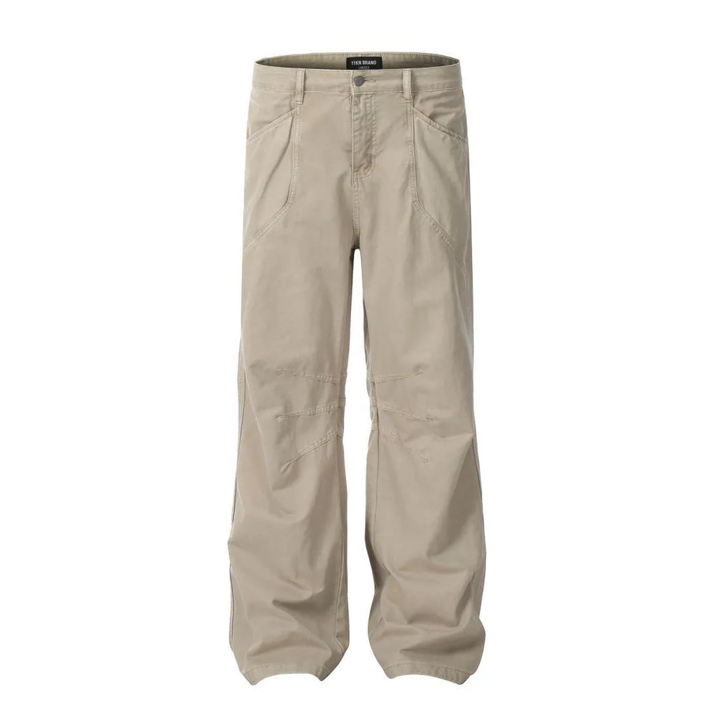Men's brown straight leg cotton jeans with high waist and zipper fly closure
