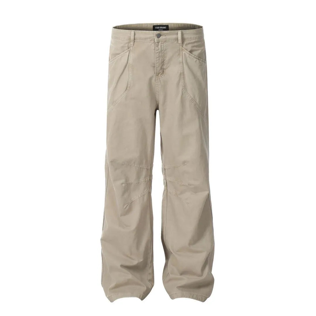 Men's brown straight leg cotton jeans with high waist and zipper fly closure