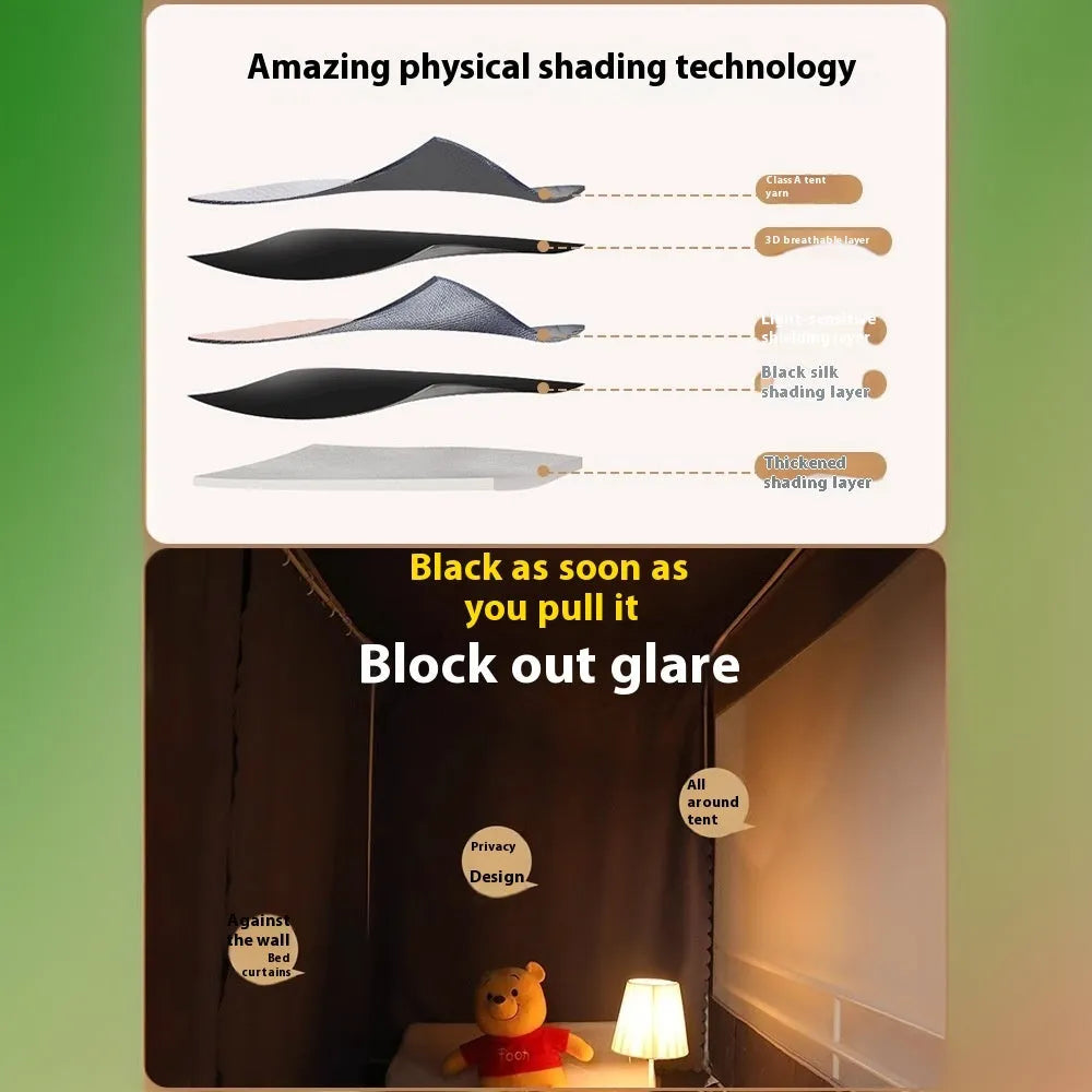 Gentleman grey bed curtain with integrated mosquito net for 0.9m bed showing five-side shading design