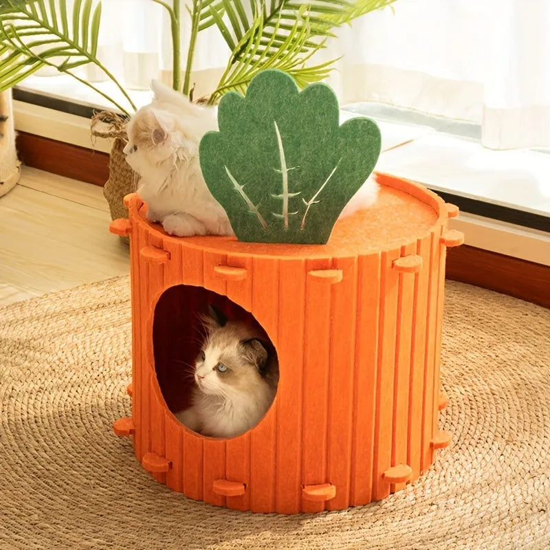 Natural felt semi-enclosed cat nest with drilled holes available in M and L sizes