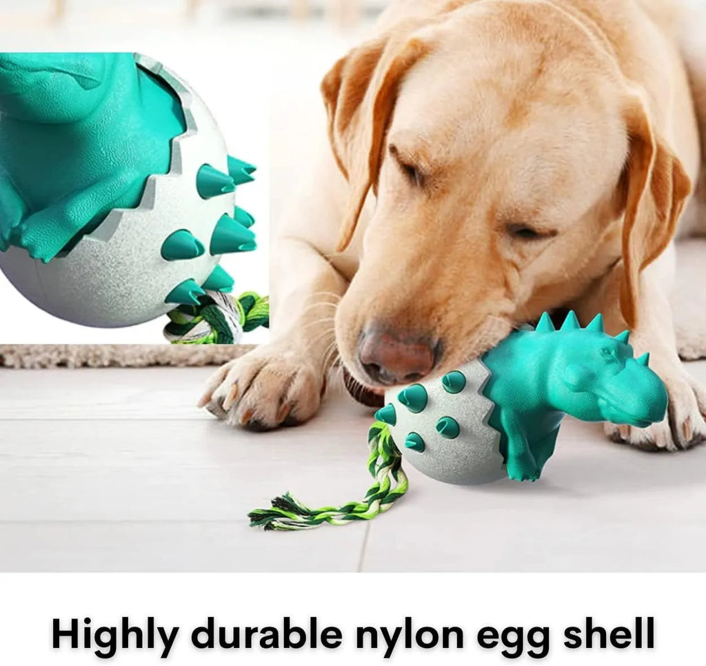 Blue durable rubber dog chew toy with rope and dinosaur design for aggressive chewers
