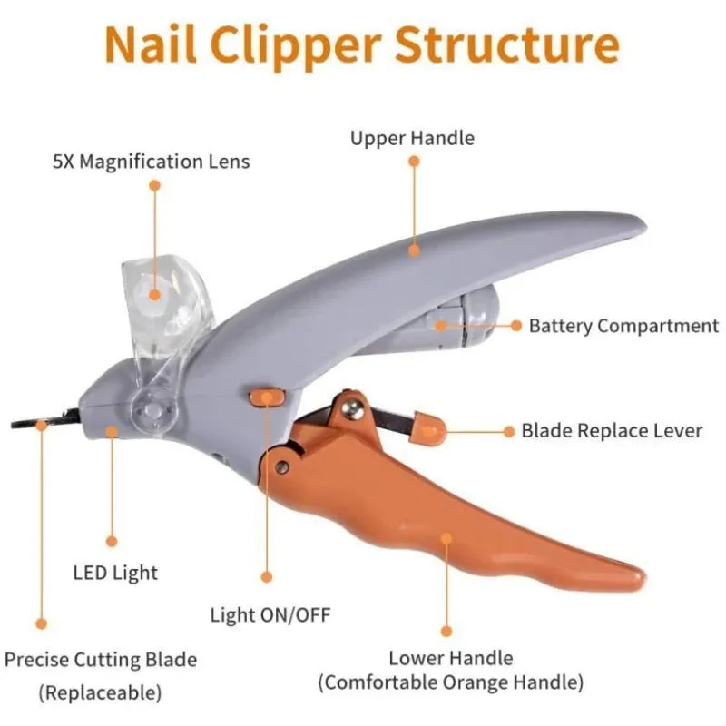 Yellow pet nail clipper with built-in LED light and magnifying lens for trimming dog and cat nails.