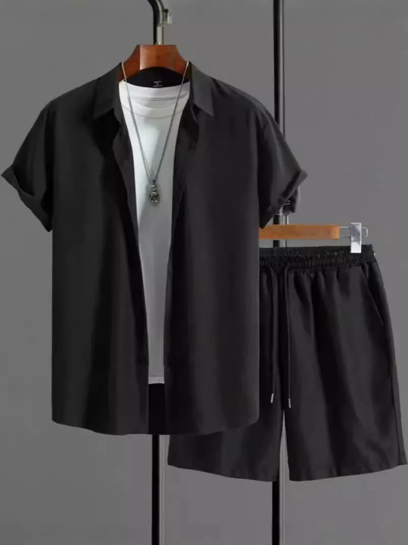 Jacquard patterned short sleeve shirt and matching shorts suit set on a hanger.