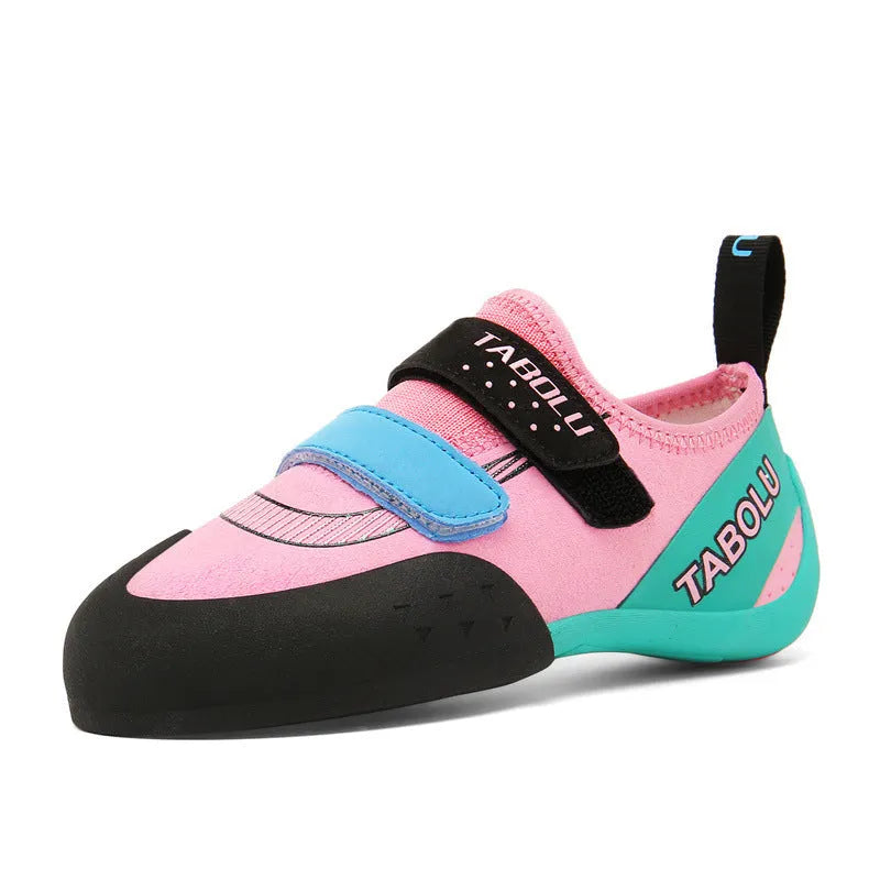 Beginner unisex rock climbing shoes with Velcro strap in black and red colour option.