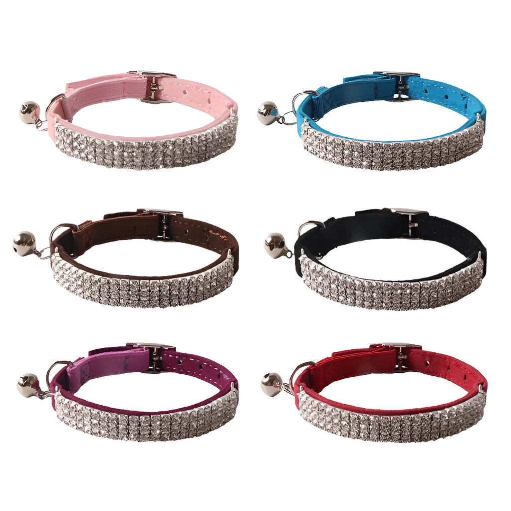Flocking cat collar with elastic buckle in assorted colours on a white background.