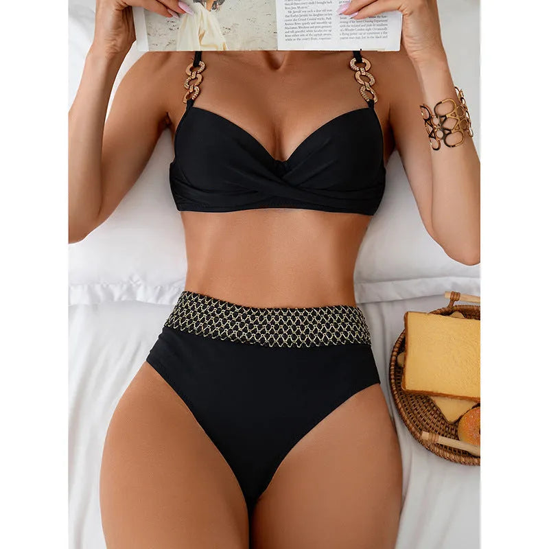Black women's bikini swimsuit with high elasticity in a European style briefs design.