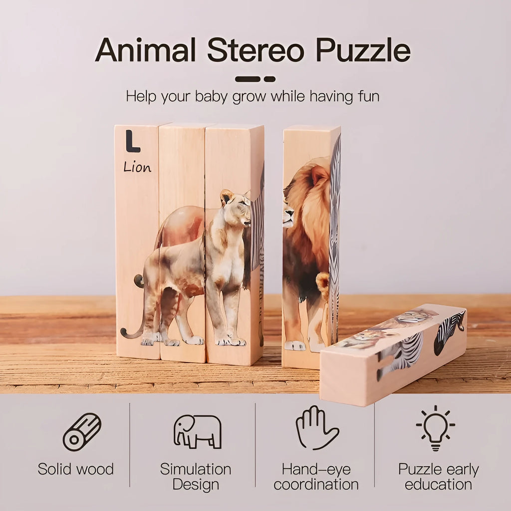 Wooden 3D puzzle panel for early childhood education with African animal or owl four-sided design