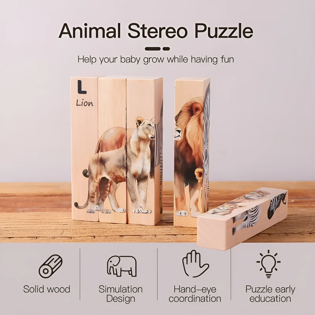 Wooden 3D puzzle panel for early childhood education with African animal or owl four-sided design