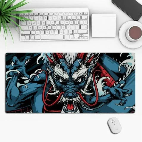 Large customisable anime gaming mouse pad with non-slip rubber base on a desk.