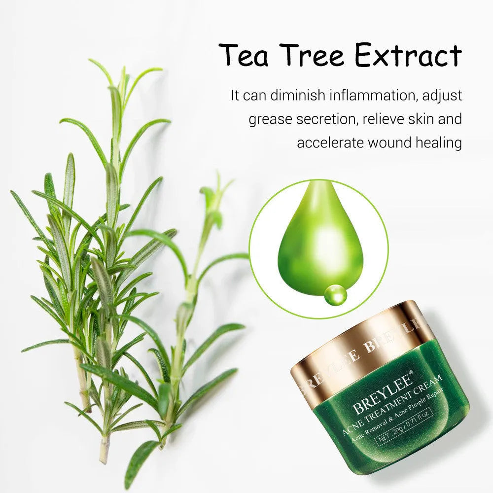 BREYLEE Tea Tree Acne Cream in a white jar with green lid for acne scar reduction
