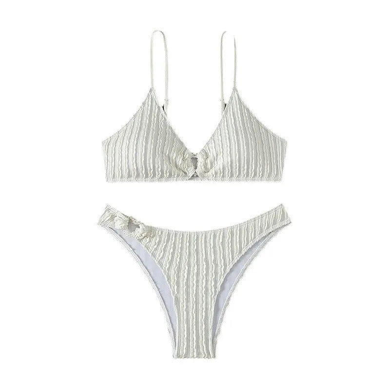 Women's white V-neck sleeveless beach split swimsuit with separate top and shorts