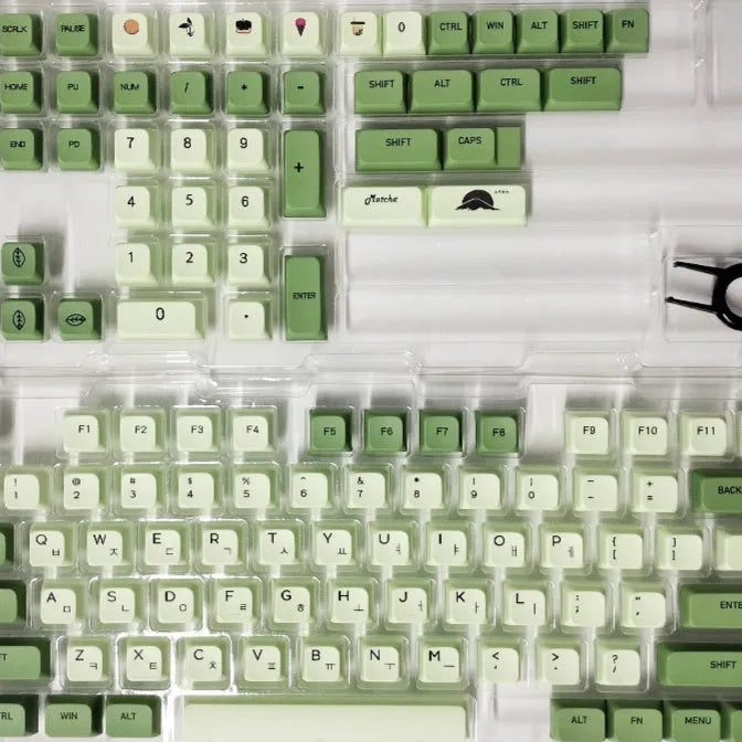 124 PBT keycaps with matcha green colour and white doubleshot legends for mechanical keyboards.