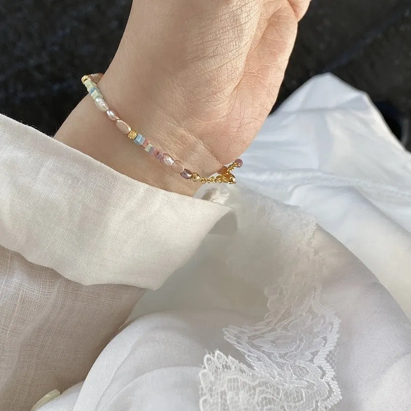 Women's natural pearl bracelet and necklace set with 14K gold plating and purple silver pearls