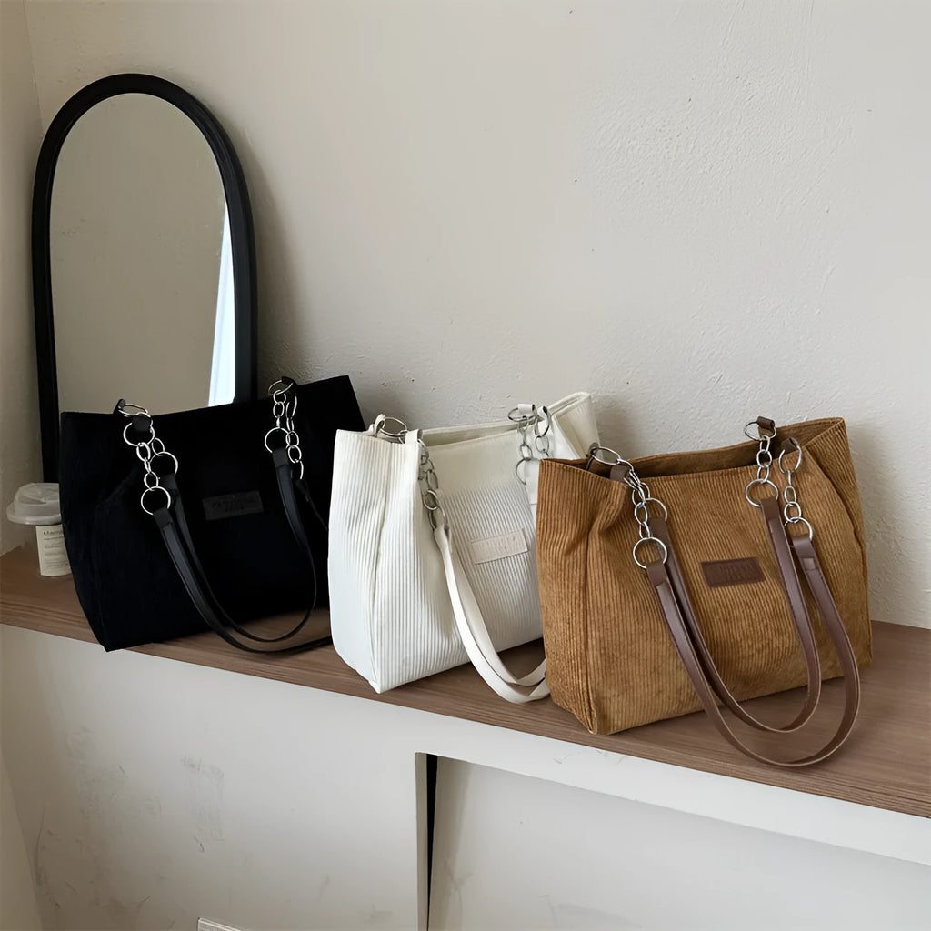 Corduroy one-shoulder tote handbag in street trend style with three-dimensional pocket