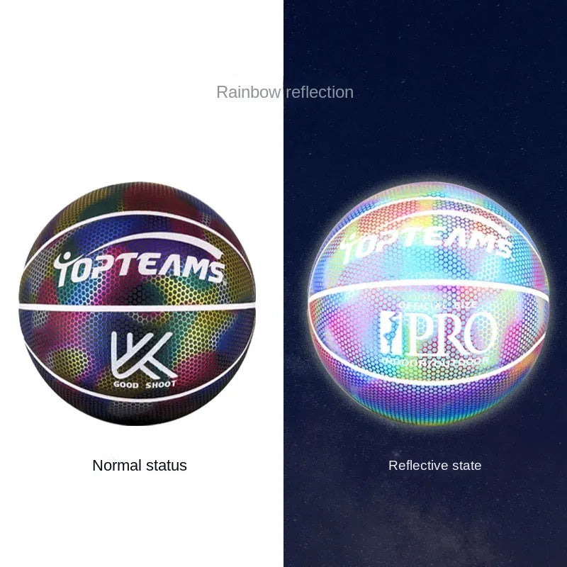 Holographic reflective basketball size 7 with fluorescent finish for night games
