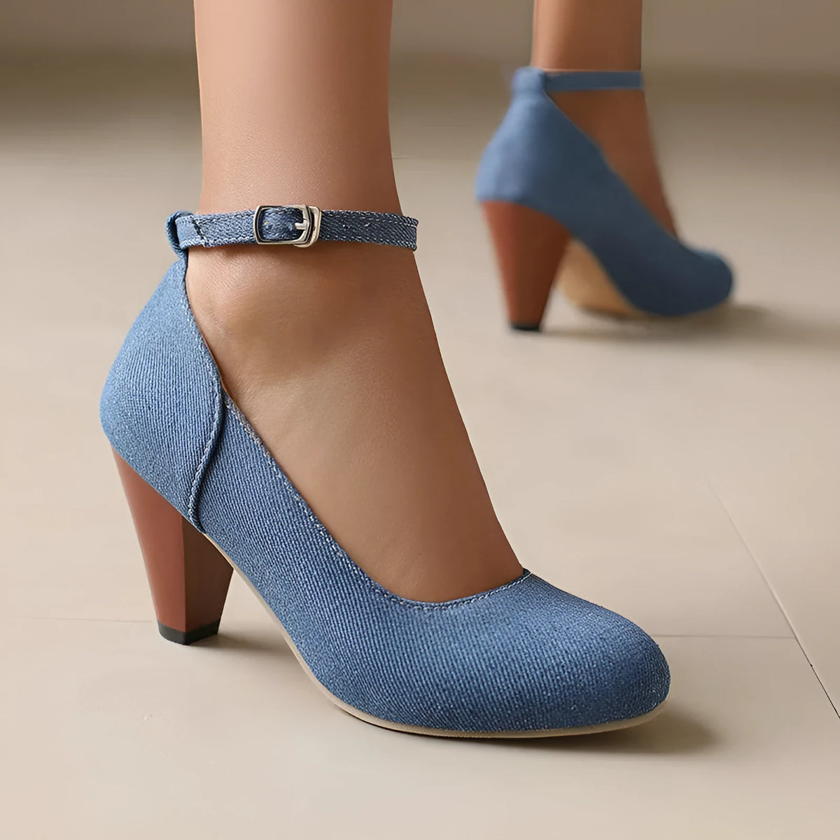 Blue denim women's platform heel shoes with a buckle strap and waterproof sole.
