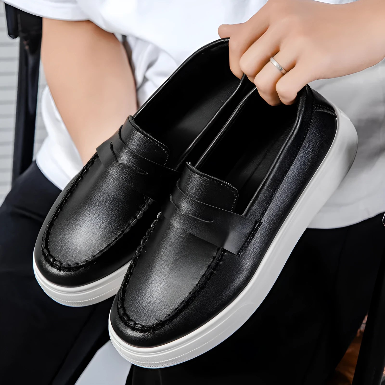 Men's casual slip-on loafers in artificial PU with round toe, shown in white, black and white, and khaki.