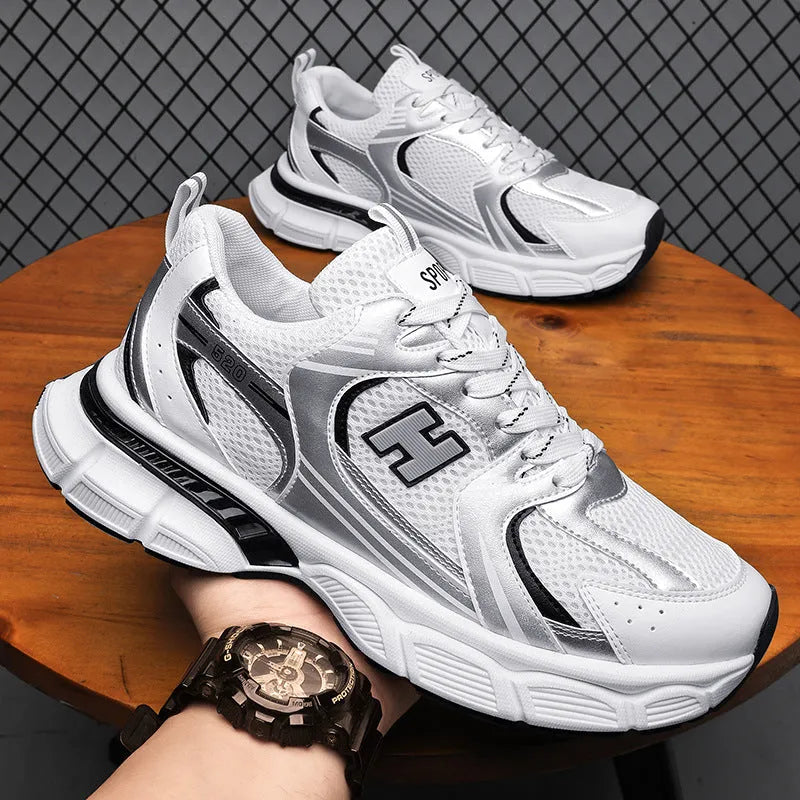 Men's mesh running shoes with plastic sole in three colour options showing round toe design