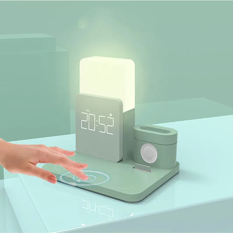 3-in-1 Qi wireless charging stand showing phone and AirPod charging simultaneously