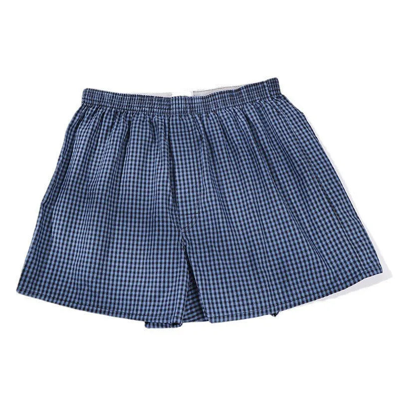 Men's loose cotton boxer shorts in blue, black and white plaid and red plaid, mid waist woven plus size S to XL