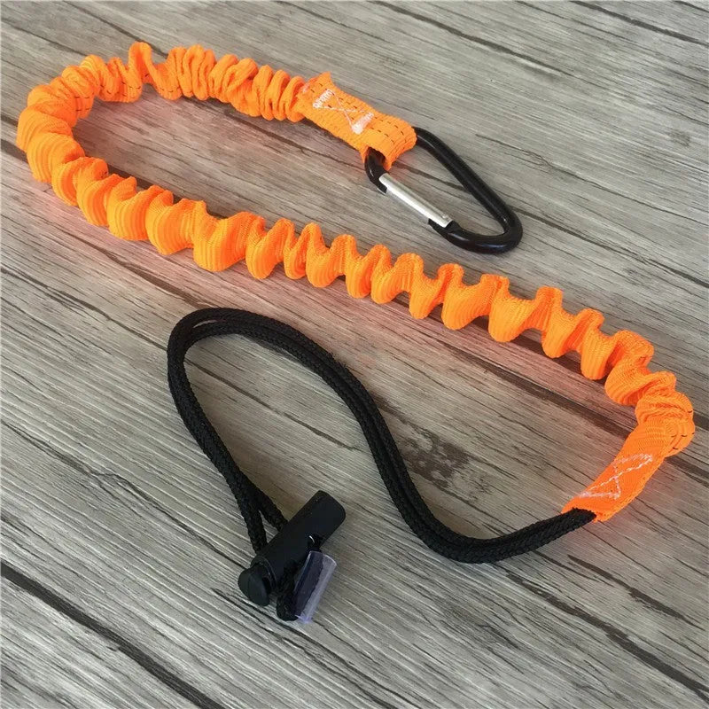 Orange fishing rod safety rope with connectors measuring 90cm length