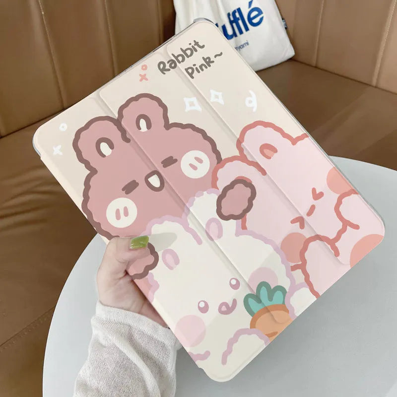Silicone tri-fold protective case for iPad with cartoon rabbit design shown in flat and standing positions