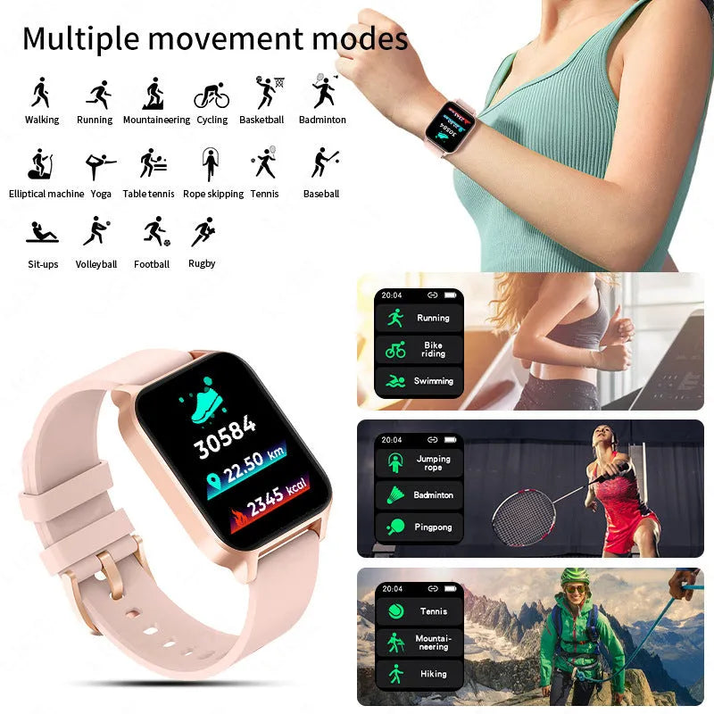 Smart watch with colour screen showing health stats, with black mesh strap on wrist.