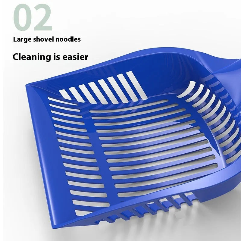 Red, yellow and blue plastic cat litter scoops in small and medium sizes