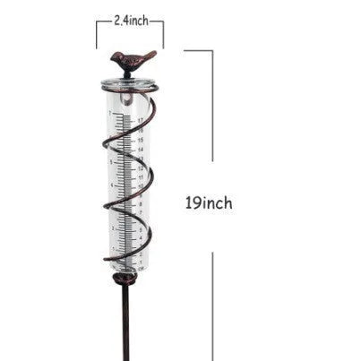 Cast iron bird-shaped rain gauge with glass measurement cylinder for garden weather tracking