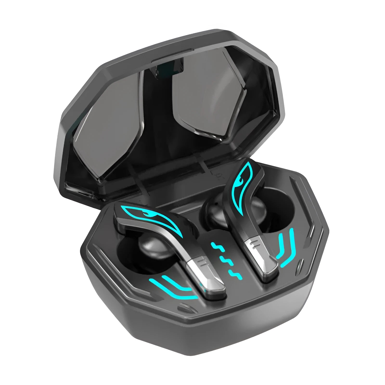 X15 black wireless in-ear gaming headphones with charging case on a grey background