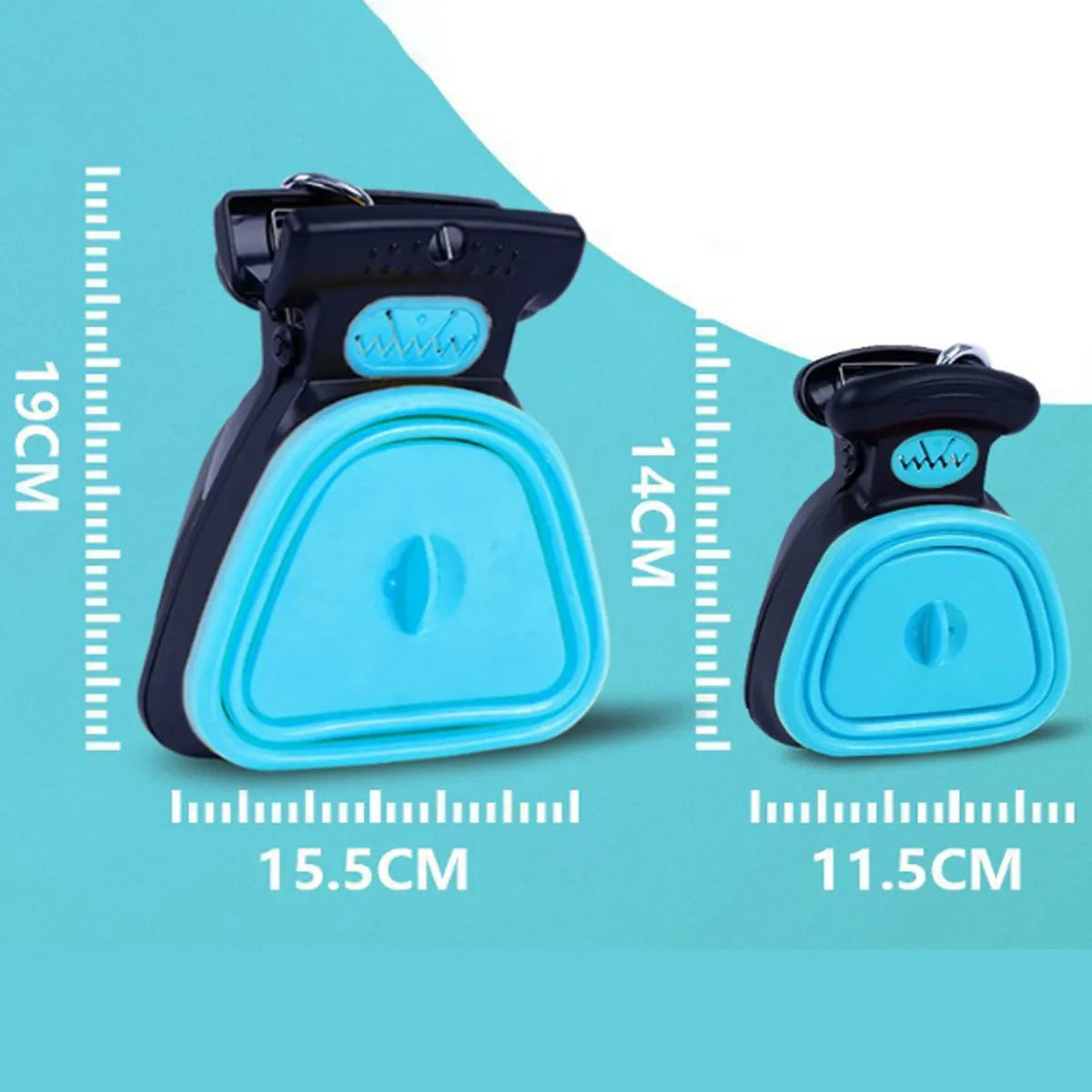 Blue portable dog pooper scooper with clip, unfolded waste container, and integrated bag dispenser.