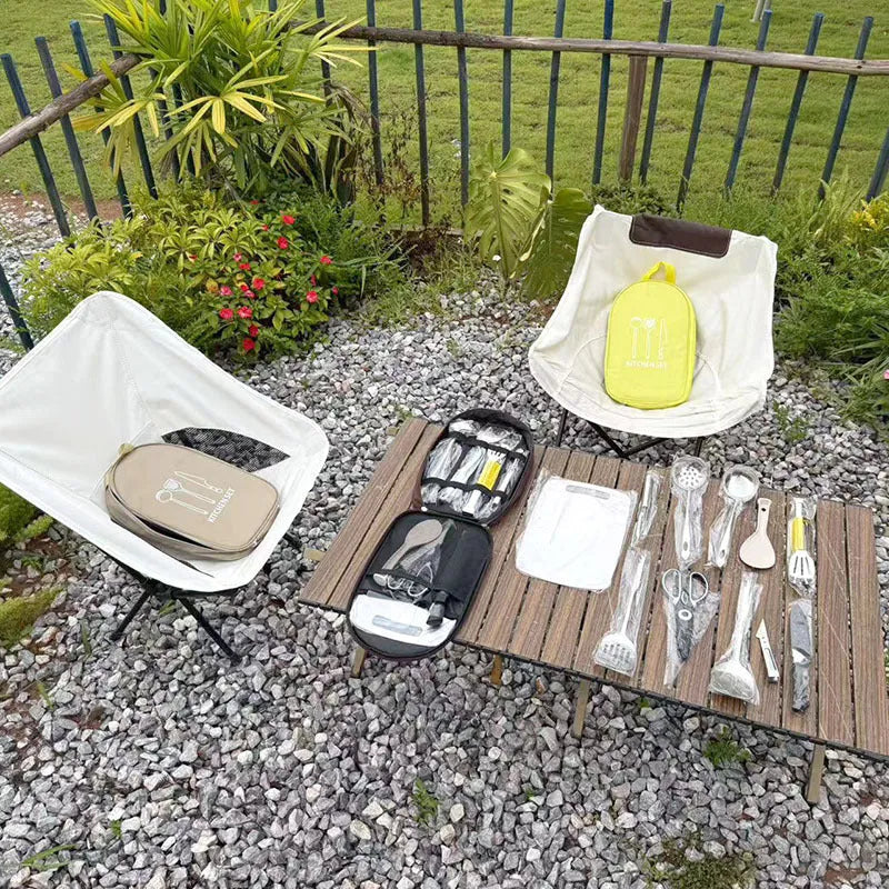 12-piece stainless steel picnic kitchenware set in storage bag for outdoor dining