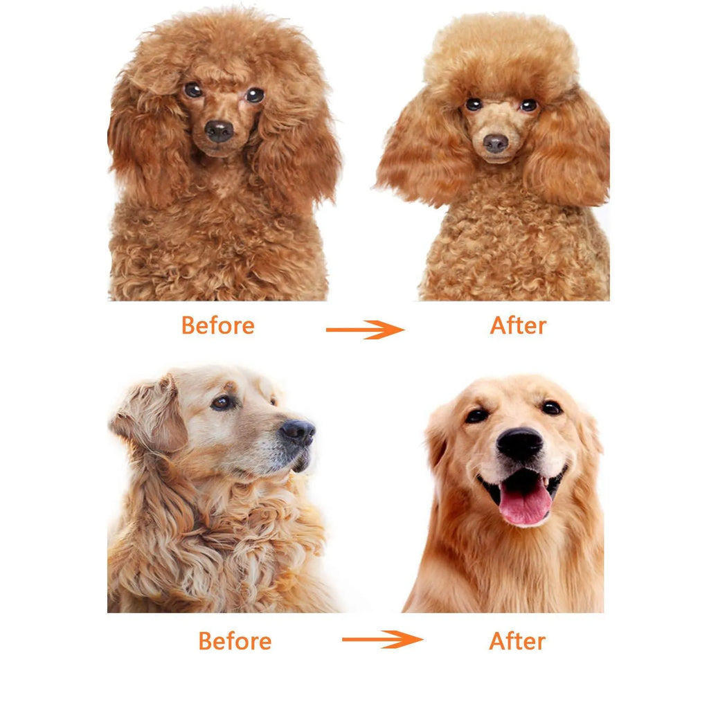 Red pet grooming comb with stainless steel short and long teeth and a plastic handle for removing knots and tangles.