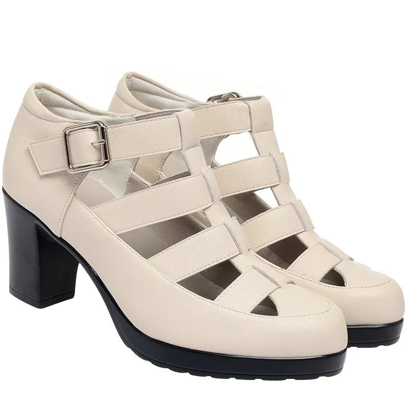 Women's beige closed toe sandals with woven design, ankle strap buckle, and chunky heel