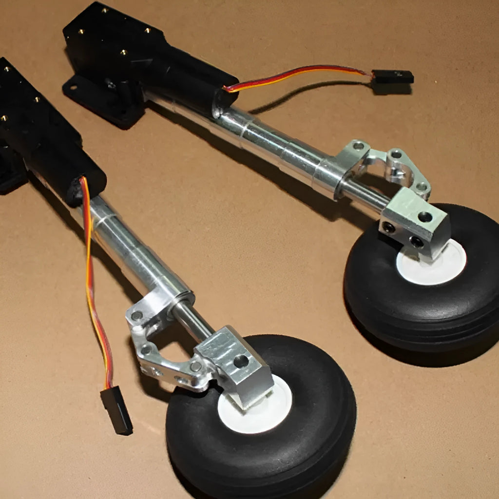 Alloy retractable shock-absorbing landing gear for toy aircraft with wheels, showing altitude size options.